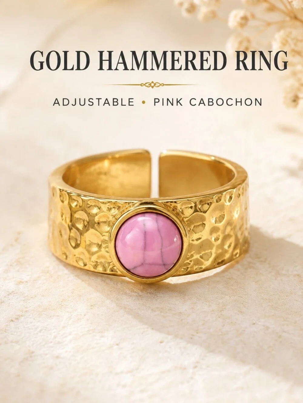 Gold Tone Hammered Adjustable Ring Pink Stone Boho Statement